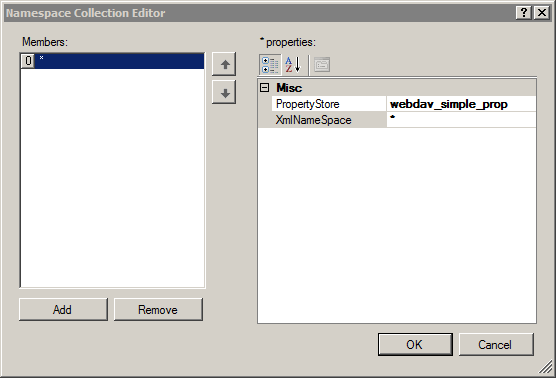 Screenshot dell'Editor raccolta spazi dei nomi con un trattino semplice del trattino web dav selezionato dall'elenco a discesa.