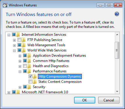 Screenshot della finestra di dialogo Funzionalità di Windows che mostra la pagina Attiva o disattiva le funzionalità di Windows. H T T T P Compression Dynamic è evidenziato.