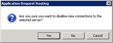 Screenshot della finestra di dialogo di Routing delle Richieste dell'Applicazione. Il testo Sei sicuro di voler disabilitare le nuove connessioni al server selezionato? è visualizzato. L'opzione Sì è evidenziata.