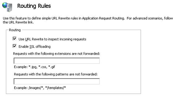 Screenshot della pagina Regole di routing. Le caselle di controllo accanto a Usa riscrittura URL per ispezionare le richieste in arrivo e Abilita offload SSL sono entrambe selezionate.