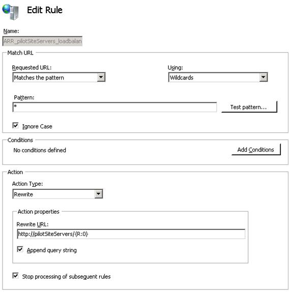 Screenshot del riquadro Modifica regola per il bilanciamento del carico dei server del sito pilota A R R con le impostazioni predefinite selezionate.