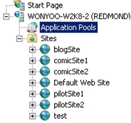 La schermata mostra la vista di navigazione di I I S Manager, con Pool di applicazioni selezionati.
