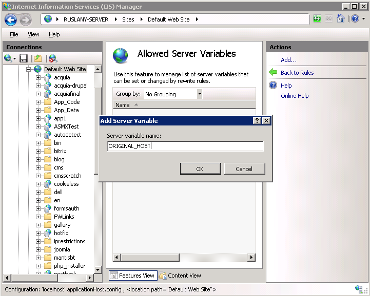 Screenshot del nome della variabile del server impostato su ORIGINAL_HOST.