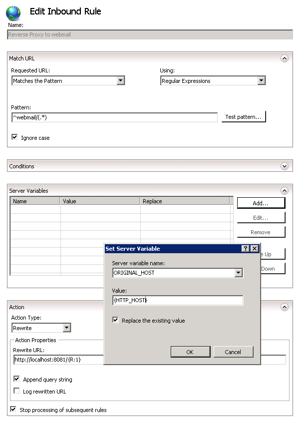Screenshot della pagina Modifica regola in ingresso con l'opzione Imposta valore variabile server impostata su parentesi graffa H T T P underscore HOST parentesi graffa.