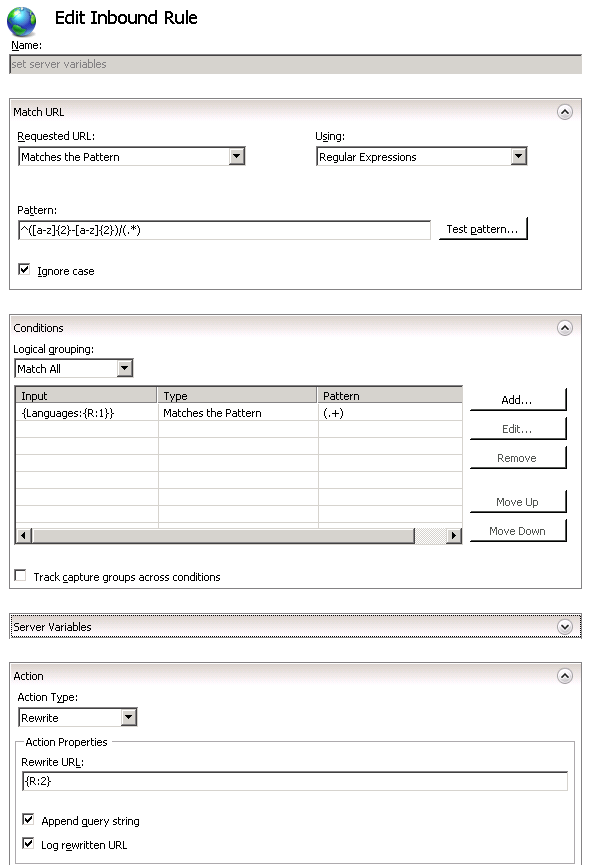 Screenshot della schermata Modifica regola in ingresso che mostra le sezioni Nome, Match U R L, Condizioni, Variabili server e Azioni.