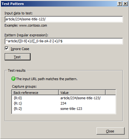 Screenshot della finestra di dialogo Modello di test. Una stringa viene inserita nella casella Dati di input da testare.