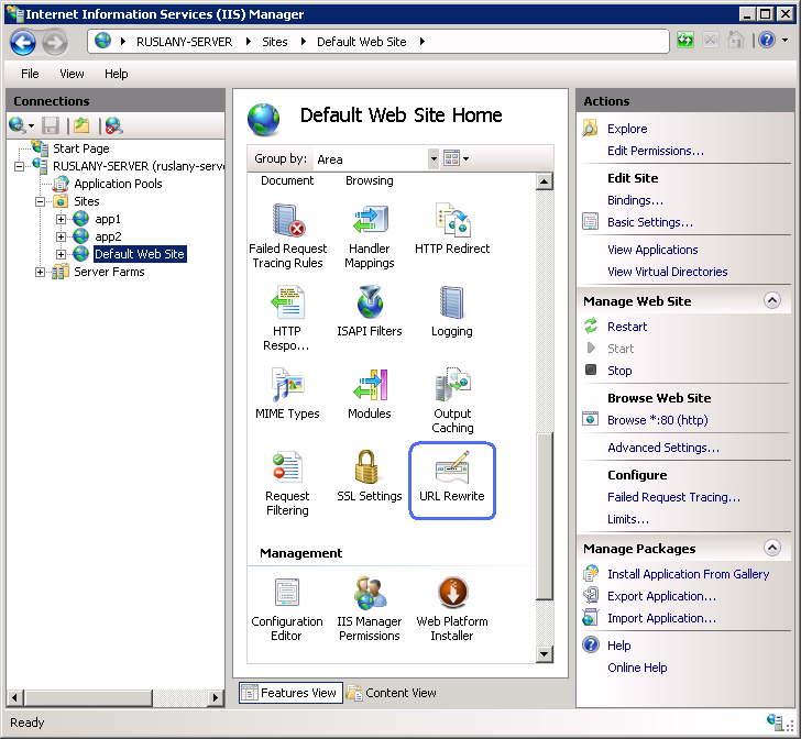 Screenshot della visualizzazione delle funzionalità nella finestra IIS Manager con URL Rewrite selezionato.