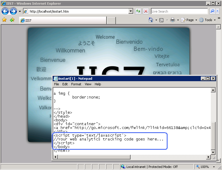 Screenshot della finestra I I S 7 con Blocco note che mostra il codice JavaScript.