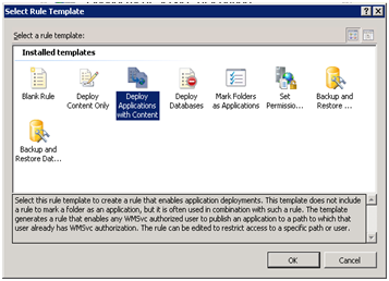 Schermata della finestra di dialogo Seleziona modello di regola. Deploy Applications with Content (Distribuisci applicazioni con contenuto) è evidenziato.