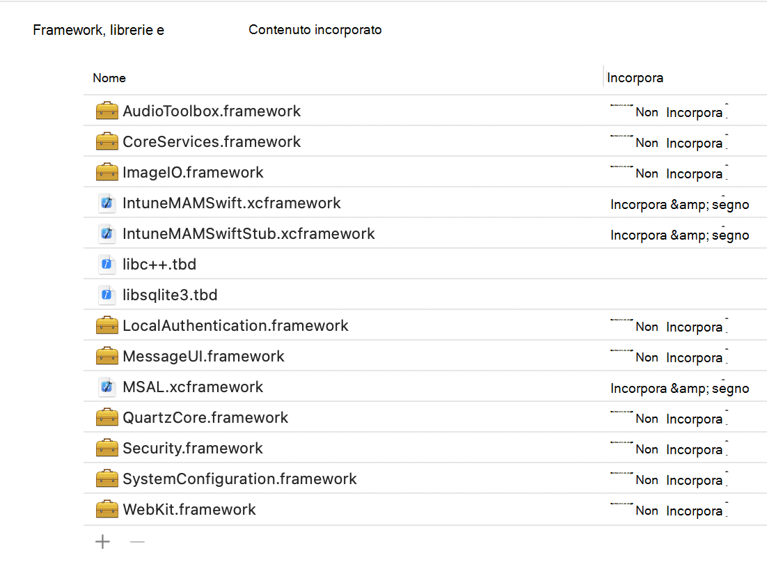 Intune App SDK iOS Framework: Xcode Frameworks, librerie e esempio di contenuto incorporato