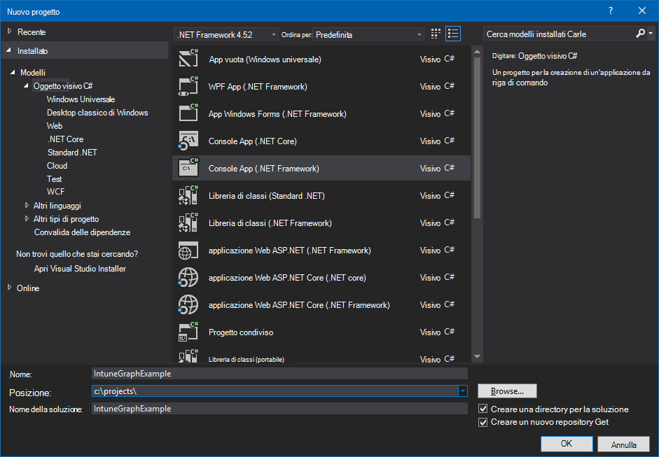 Creazione di un progetto app console C# in Visual Studio