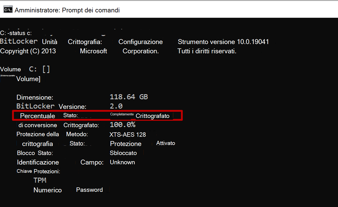 Screenshot del prompt dei comandi amministrativo che mostra l'output di manage-bde con stato di conversione che riflette la crittografia solo dello spazio usato.