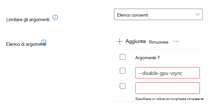 Schermata dell'interfaccia utente per la configurazione degli argomenti della riga di comando.