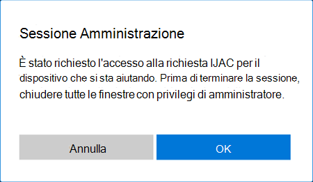 Screenshot della richiesta di abilitare il supporto per l'elevazione dei privilegi durante una sessione di guida remota in Windows.