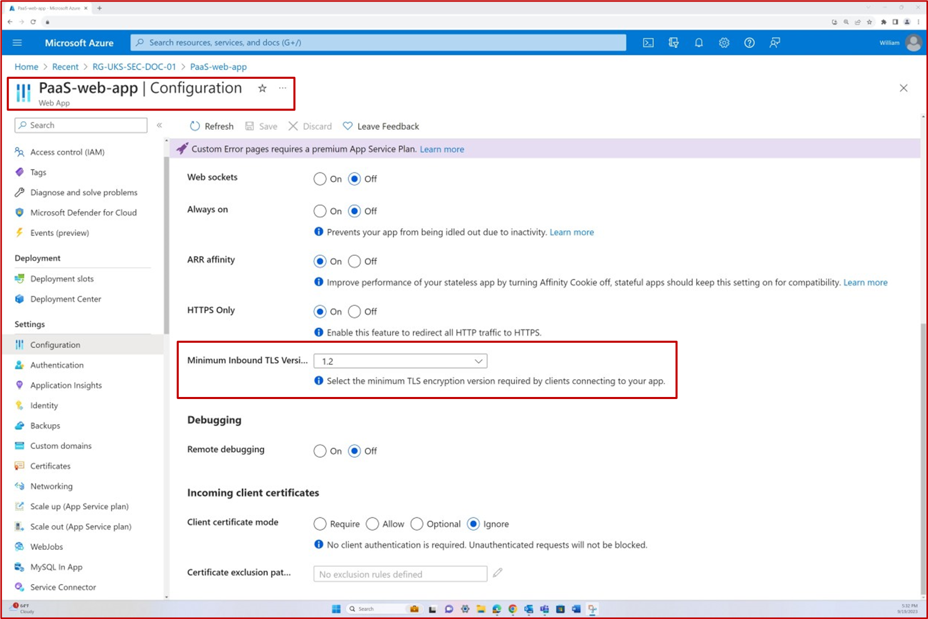 Azure impostazioni di configurazione dell'app Web con la versione minima di TLS evidenziata