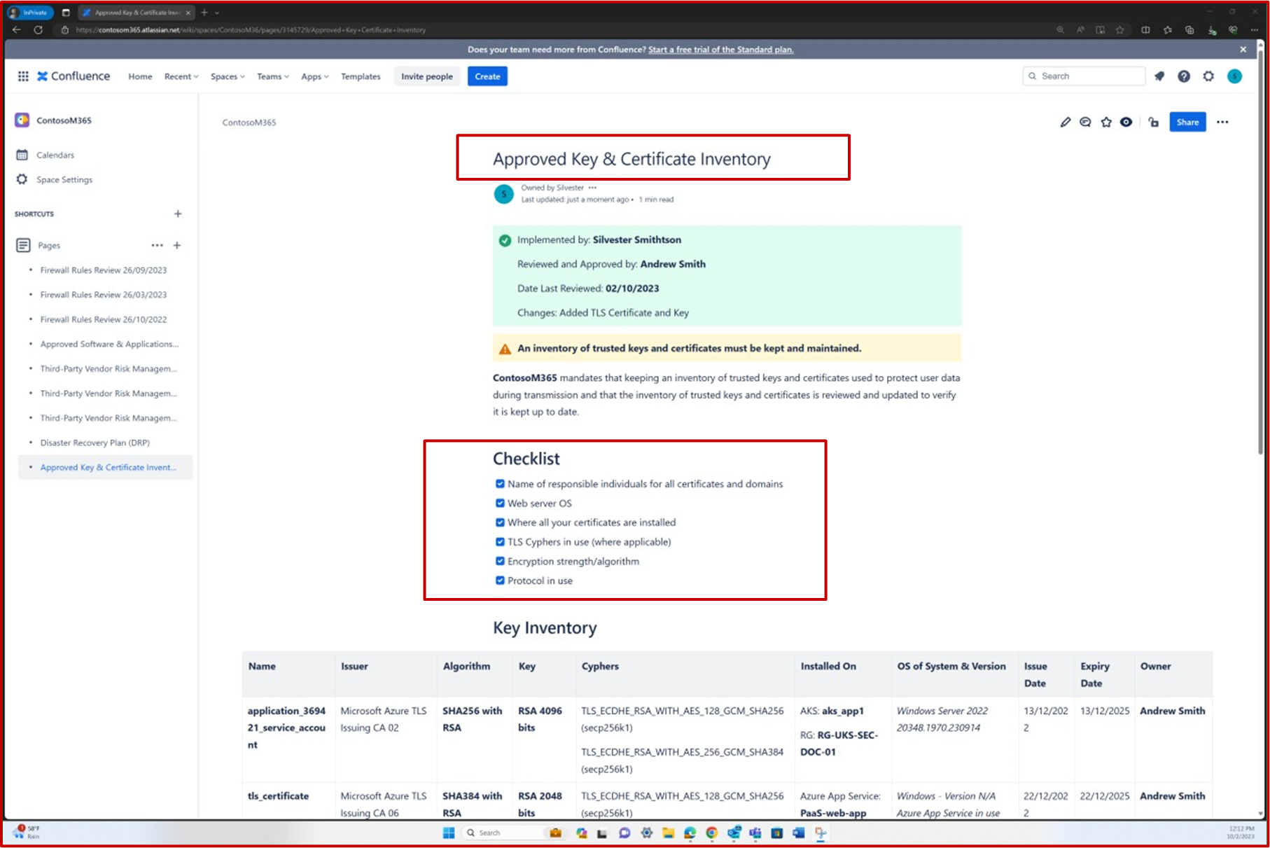 Inventario dell'elenco di controllo dei certificati di confluenza con chiave di approvazione.