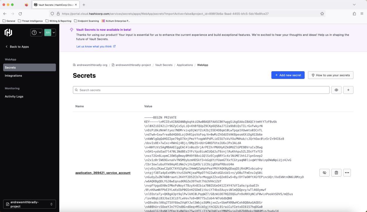 Panoramica dei segreti del dashboard di Hashicorp Vaults.