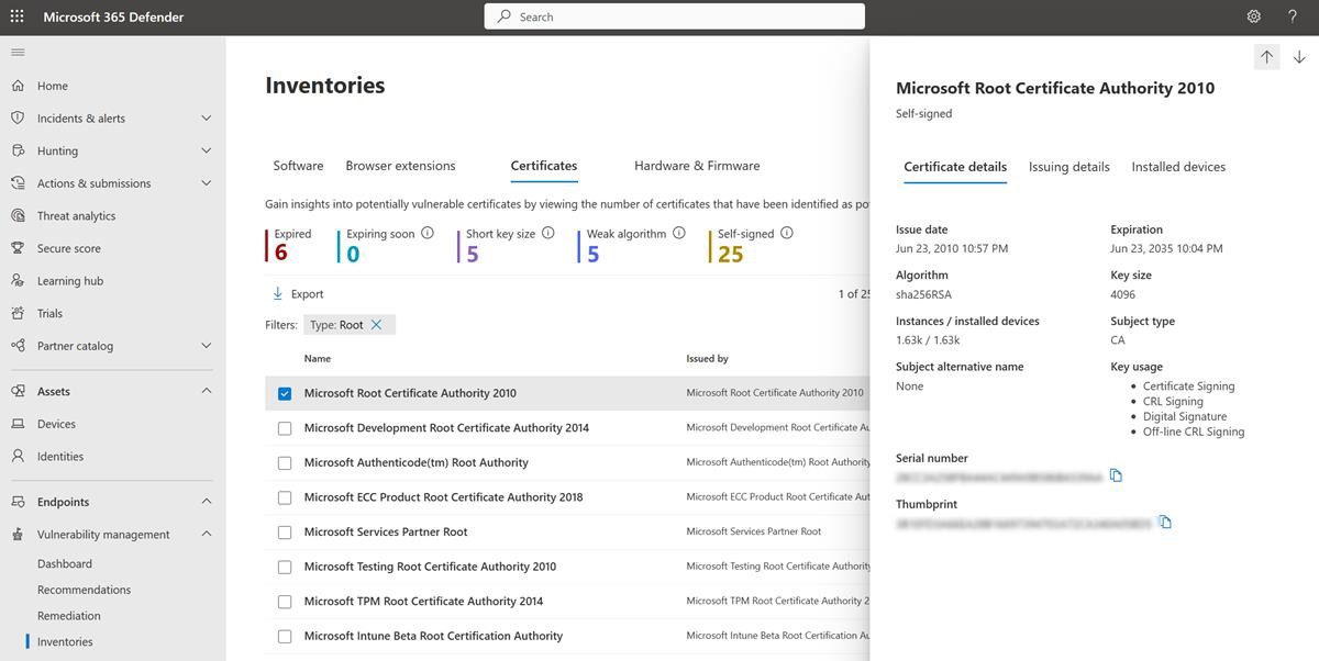 Microsoft Defender pagina inventari con l'autorità di certificazione radice Microsoft 2010 visualizzata.
