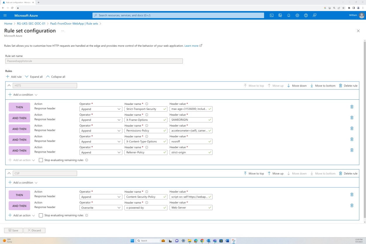 Azure tabelle di configurazione del set di regole delle impostazioni di configurazione frontdoor