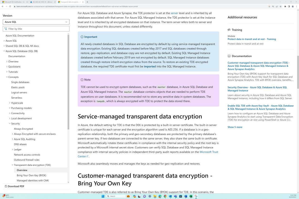 Documento di crittografia trasparente dei dati gestito dal servizio Microsoft Learn.