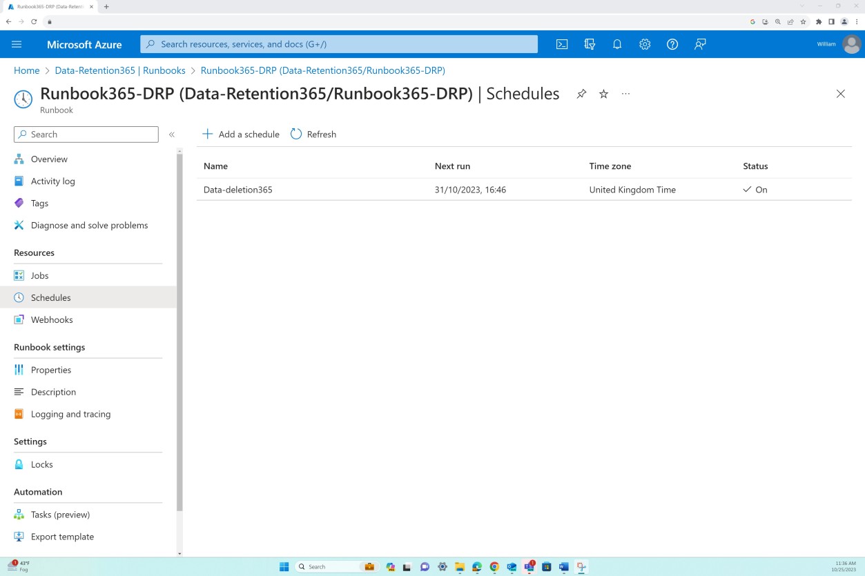 Azure pianifica le impostazioni di conservazione dei dati di panoramica.