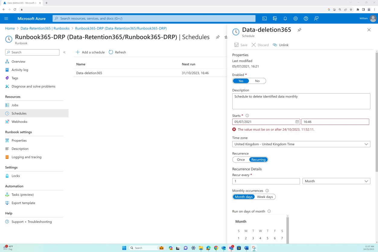 Azure Pianifica le impostazioni di conservazione dei dati runbook365.