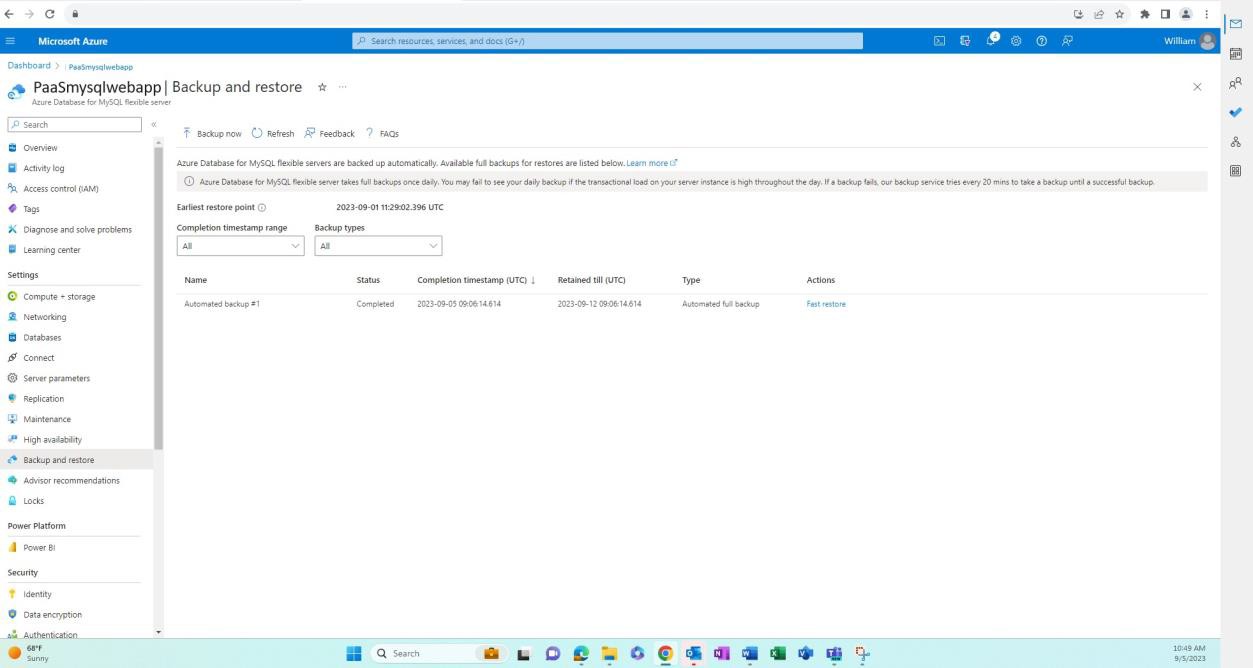 Azure impostazioni di backup e ripristino per MySQL.