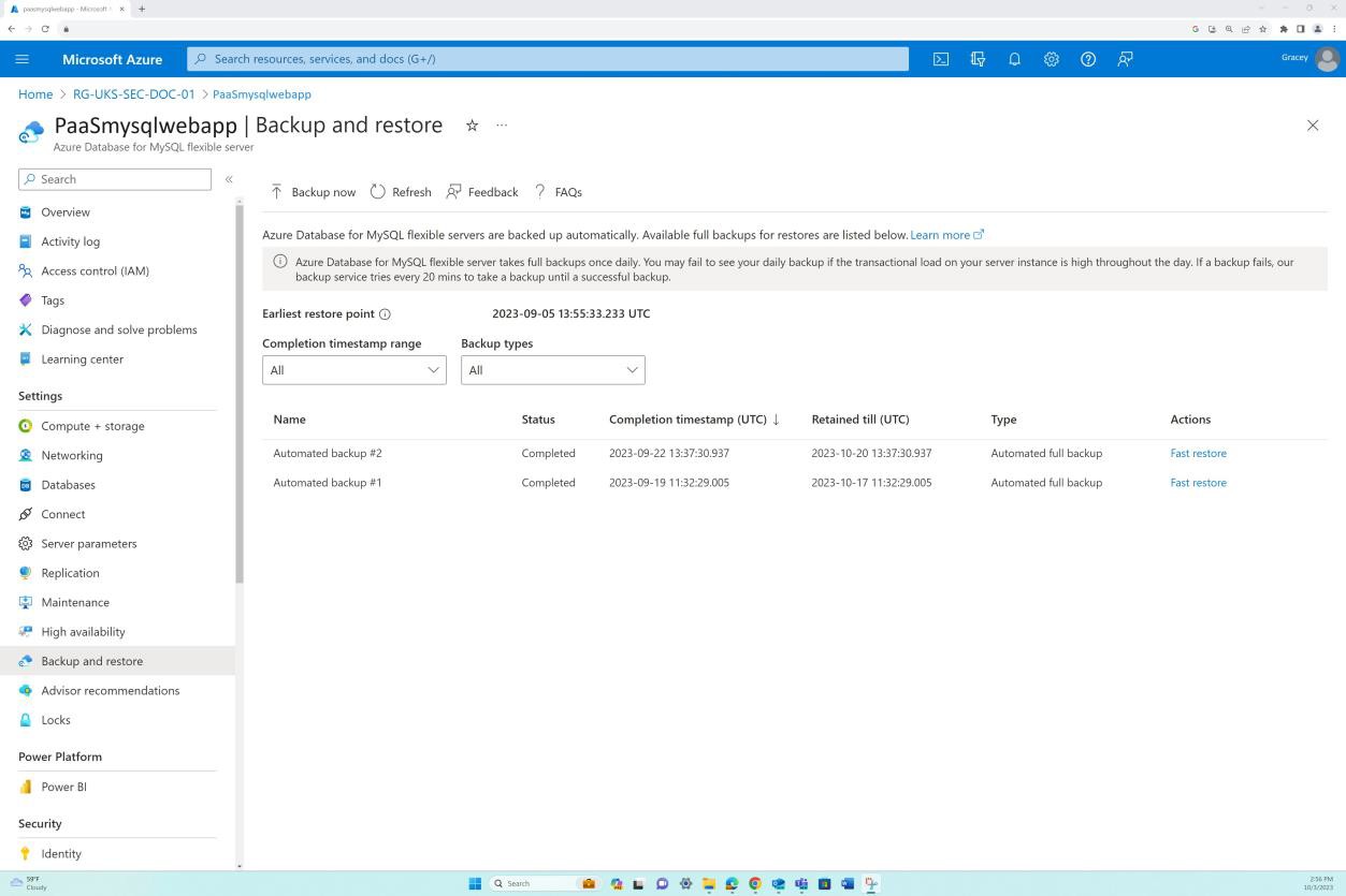 Azure pagina di panoramica delle impostazioni di backup e ripristino con server attivi.