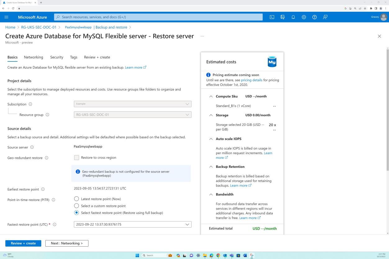 Azure le impostazioni di backup e ripristino per creare il database di Azure per il server flessibile MySQL.