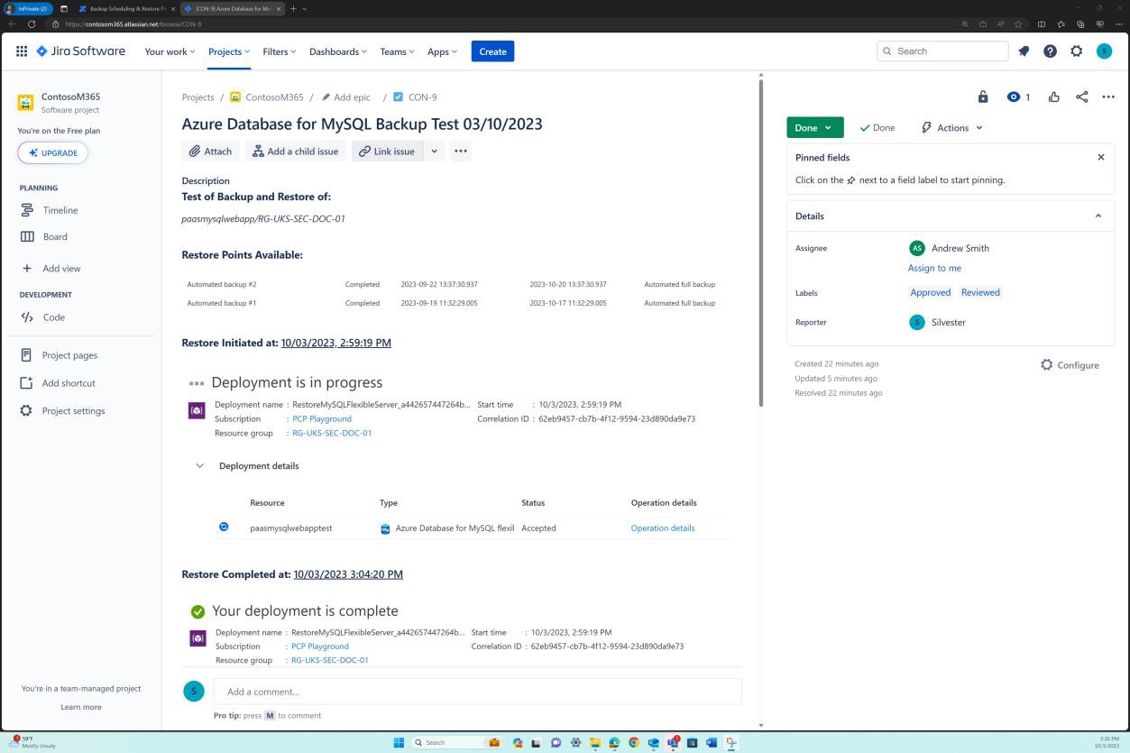 Ticket di backup Jira per Azure database mySQL.