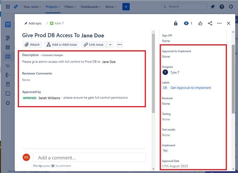Descrizione della bacheca di approvazione di Jira, approvata da, dati, evidenziata.