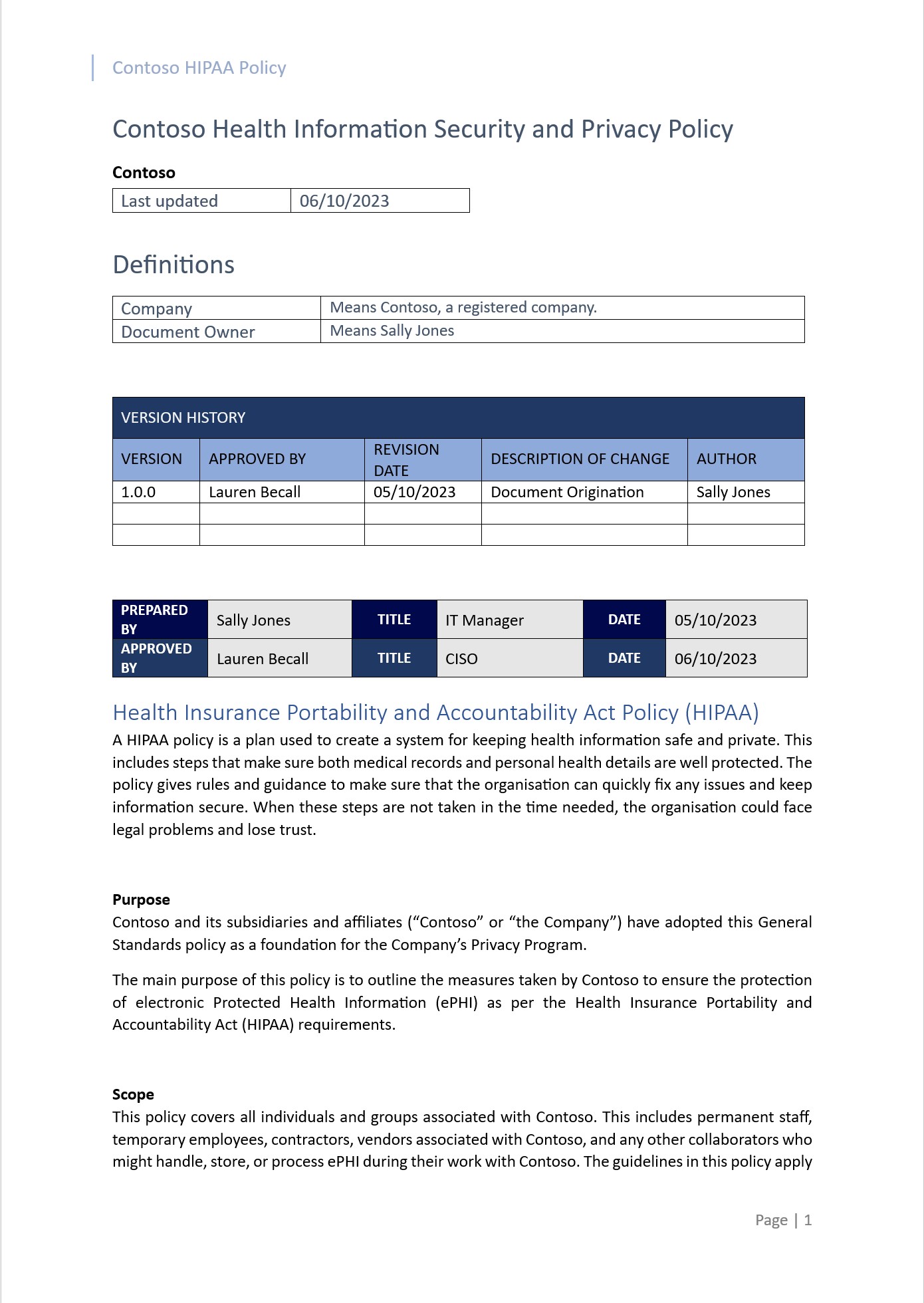Documento sui criteri HIPAA con definizioni, cronologia delle versioni e scopo.