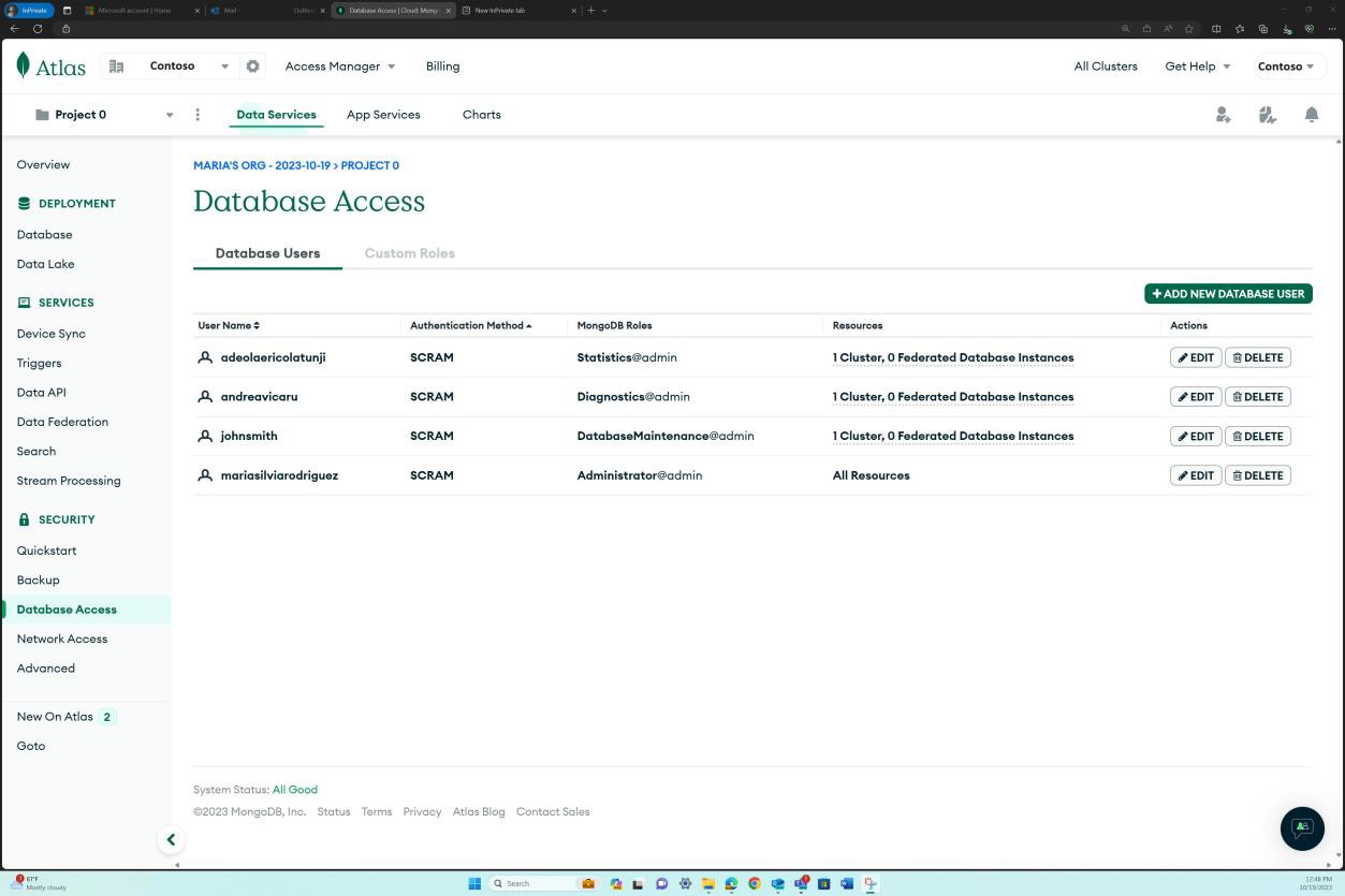 Pagina degli utenti di accesso al database MongoDB Cloud con 4 utenti di test elencati.