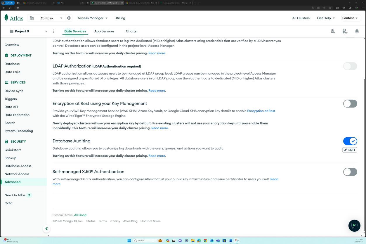 Pagina Di MongoDB Cloud Data Services che mostra il controllo del database selezionato.