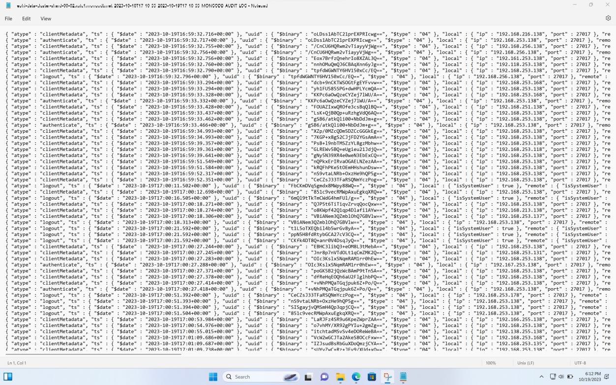 I log di MongoDB Cloud scaricano la pagina ms notepad non elaborata.