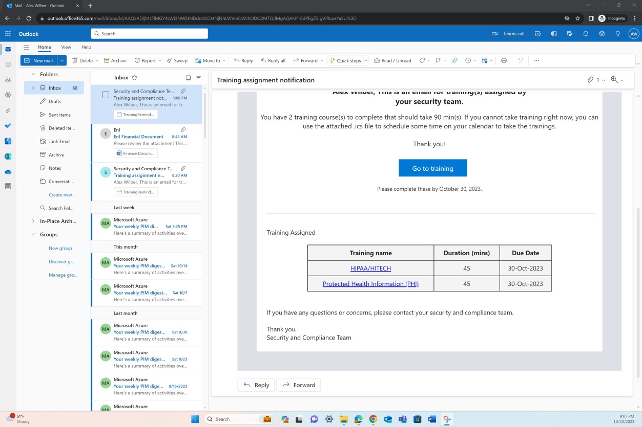 Collegamento alla condivisione delle notifiche tramite posta elettronica di Microsoft Outlook al training, nomi dei corsi di formazione richiesti, durata e data di scadenza.