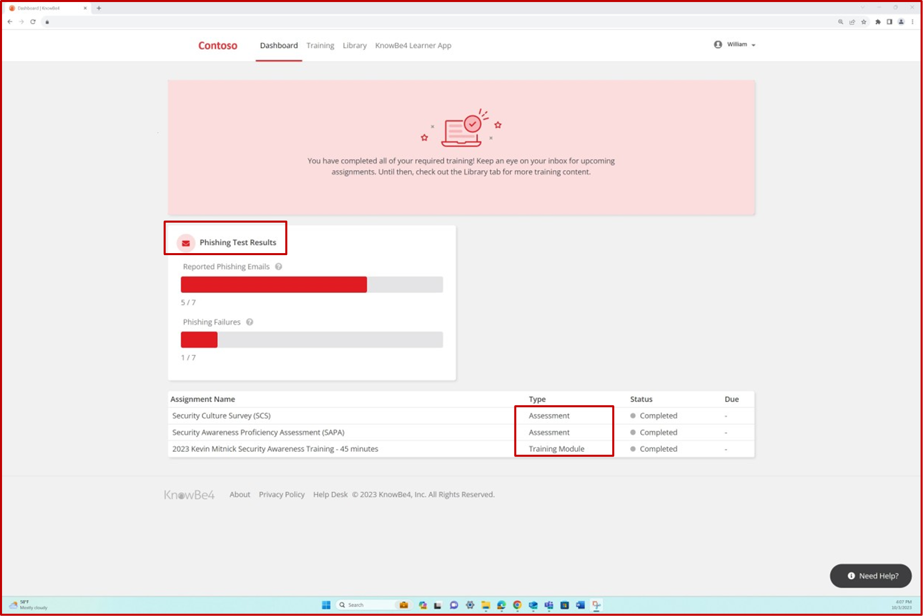 Dashboard di Contoso che mostra le simulazioni di training e i risultati dei test.