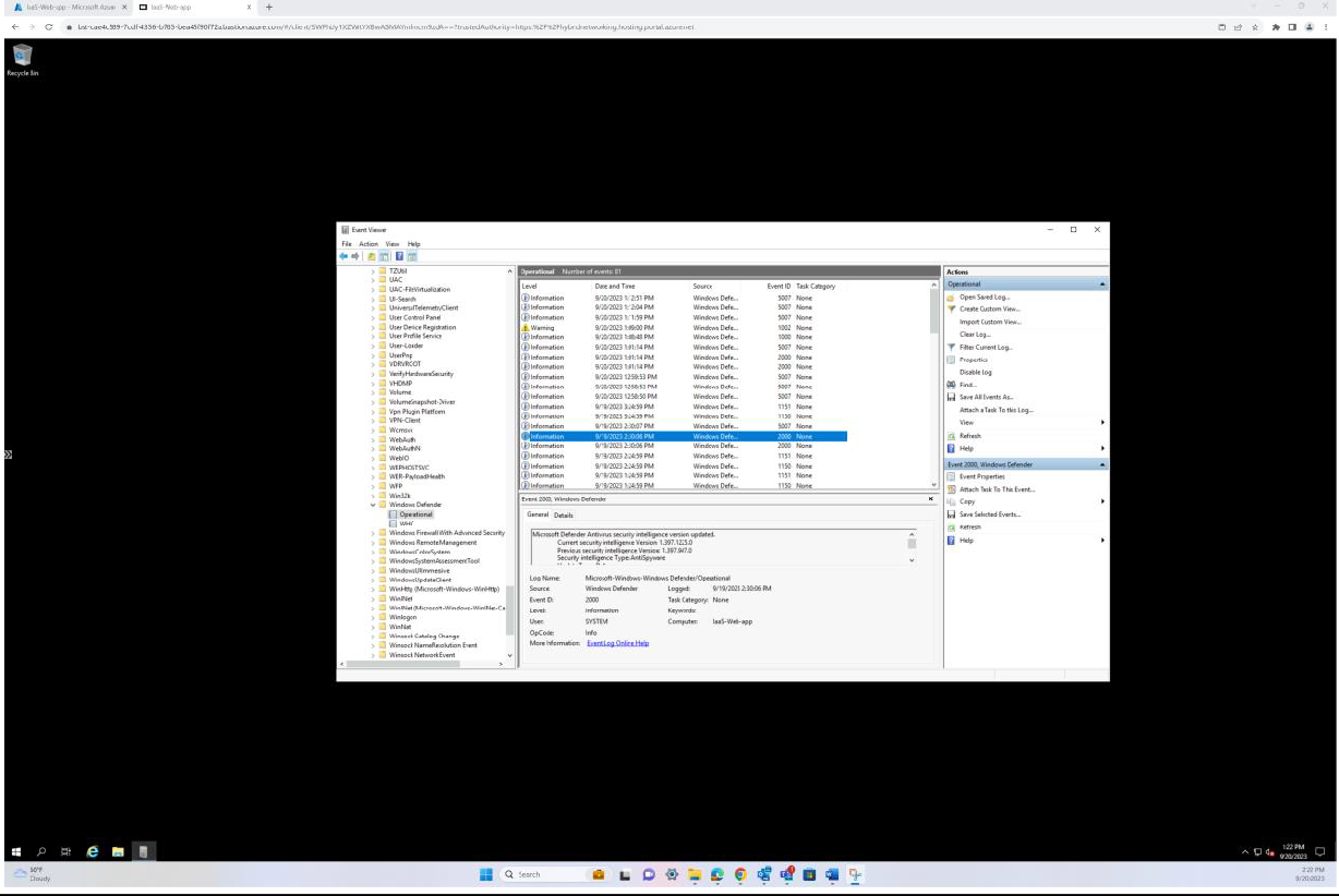 Visualizzatore eventi di Windows, l'app Web IaaS è evidenziata con dettagli e azioni