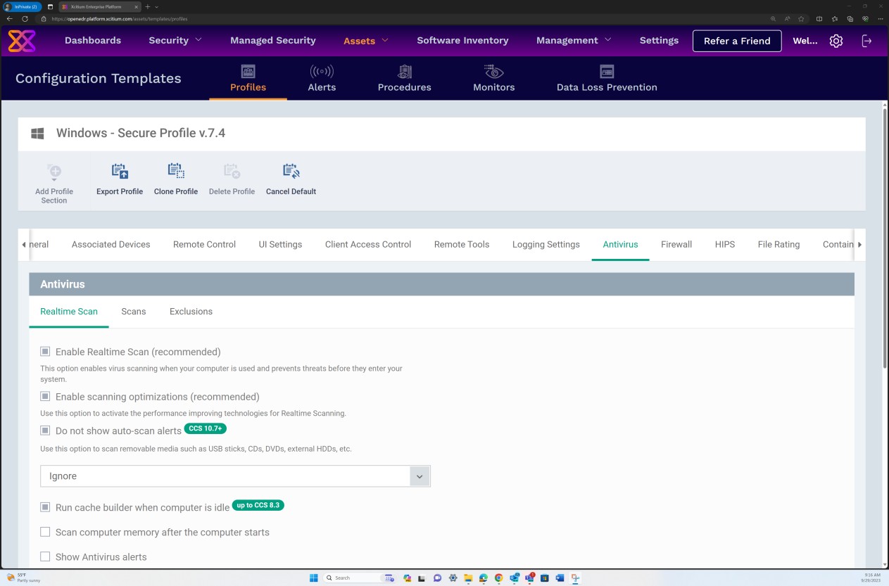 Profili dei modelli di configurazione per le impostazioni di analisi antivirus.