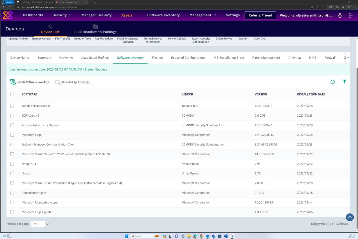OpenEDR software inventory with columns for software, vendor, version, install date.OpenEDR software inventory with columns for software, vendor, version, install date.