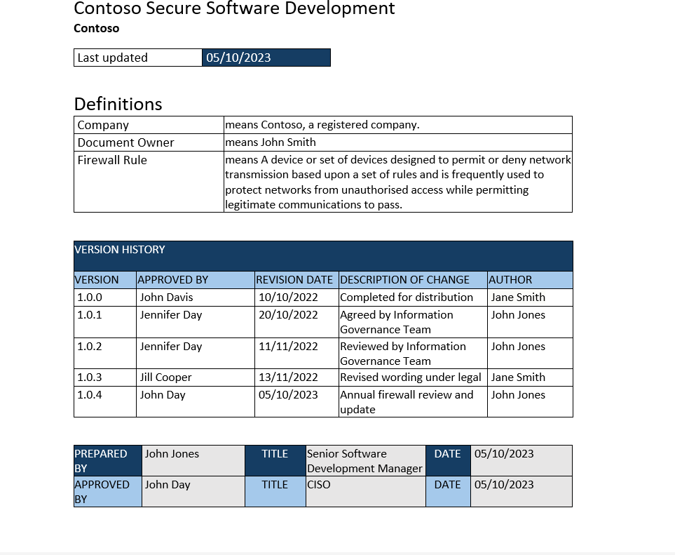 Contoso protegge l'intestazione dei criteri di sviluppo software con definizioni, cronologia delle versioni e preparata da.
