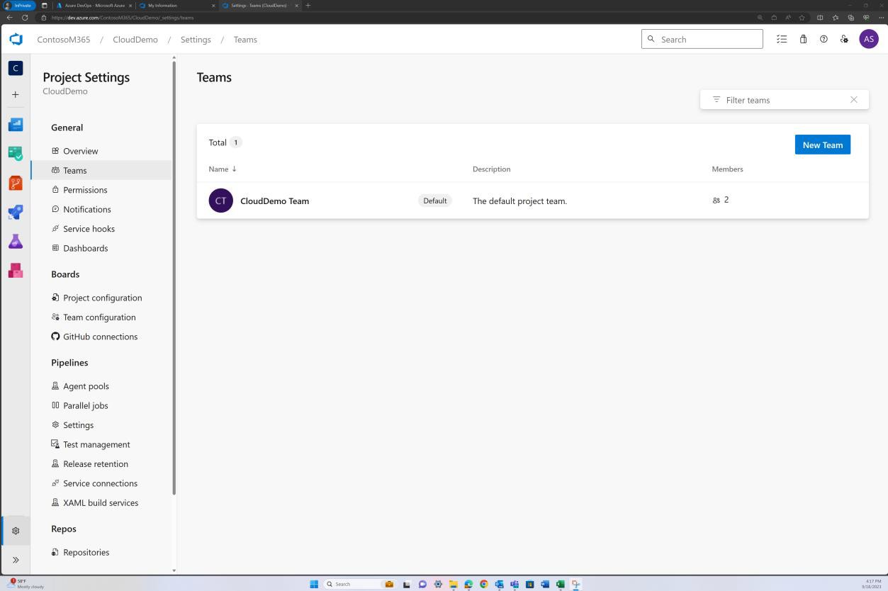 Azure impostazioni del progetto DevOps Teams per CloudDemo Team.