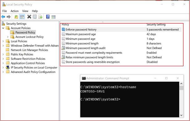 Criteri delle password di sicurezza locali con impostazioni e prompt dei comandi dell'amministratore.