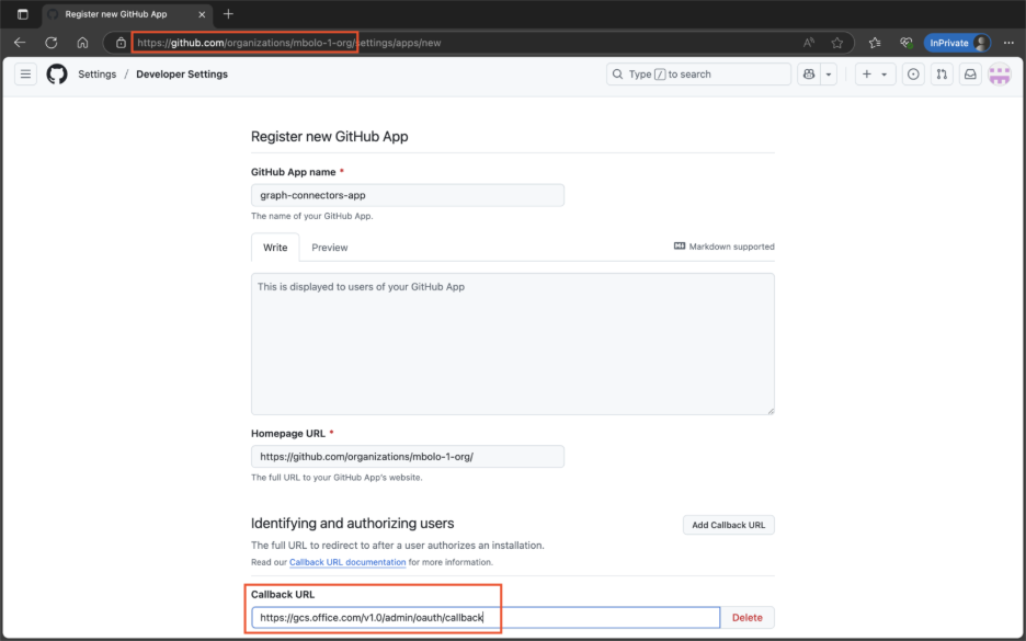 Screenshot of GitHub with Callback URL highlighted