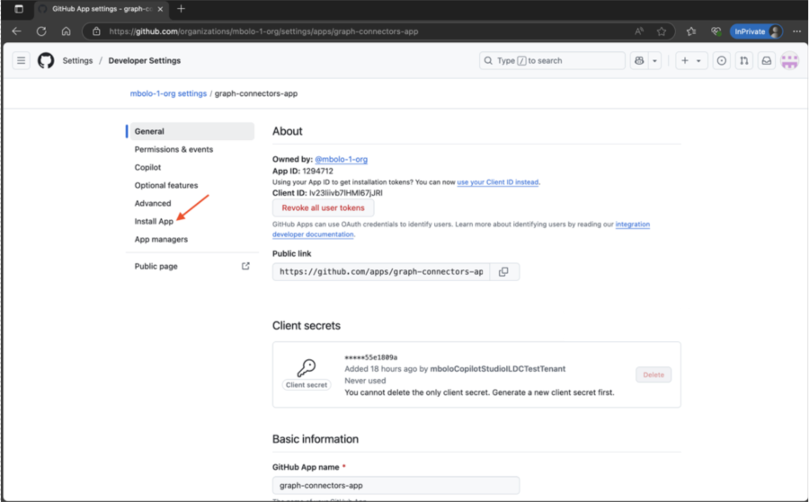Screenshot of GitHub with Install App highlighted