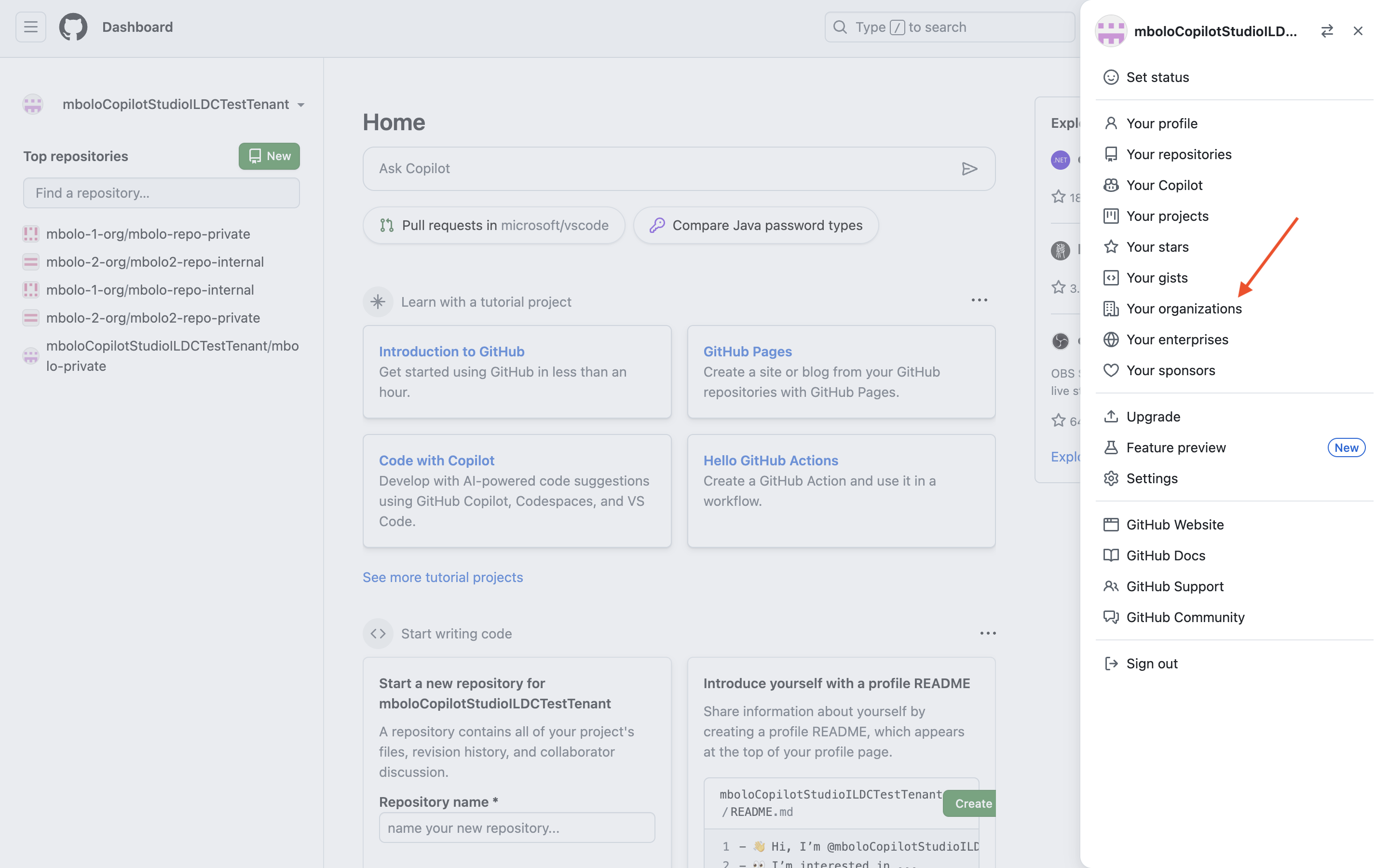 Screenshot of GitHub profile menu showing Your organizations option.