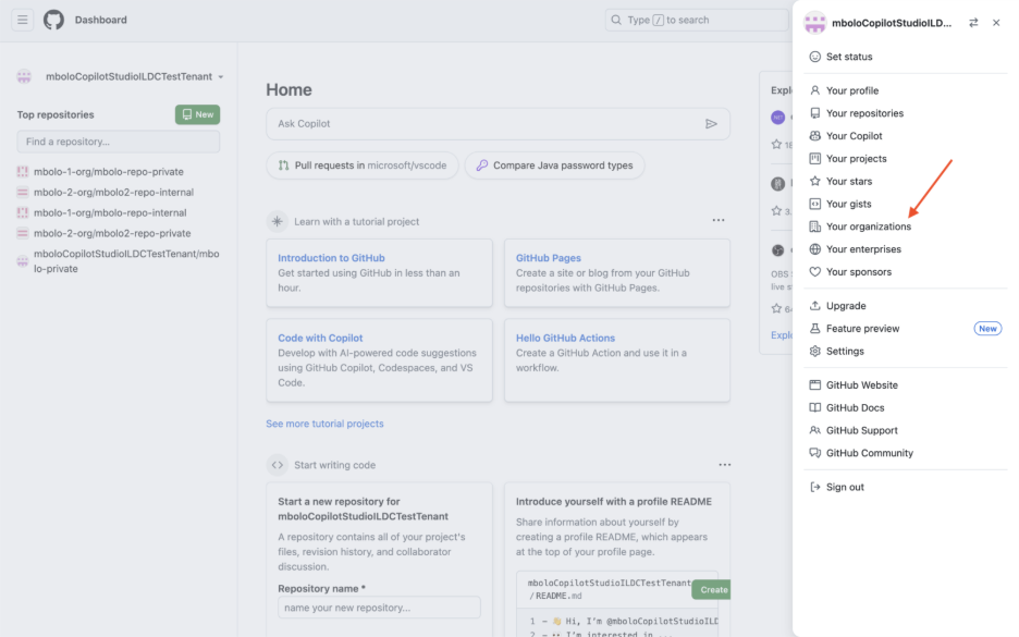 Screenshot of GitHub with Your organizations highlighted.