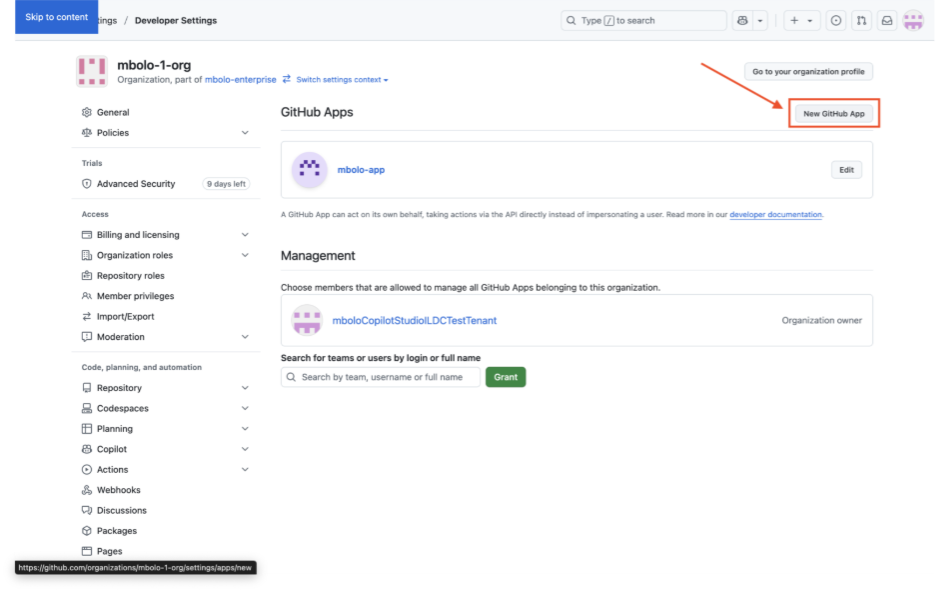 Screenshot of GitHub with New GitHub App highlighted.