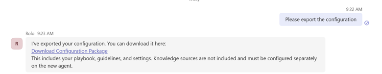 Screenshot che mostra la risposta dell'agente sorgente all'esportazione della configurazione.