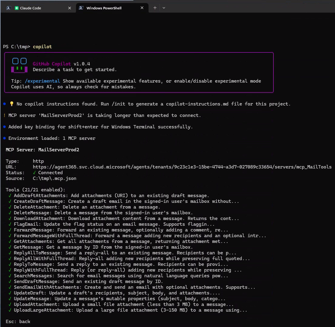 Schermata di una sessione della console di Windows PowerShell in cui viene utilizzato GitHub Copilot CLI per interagire con il server MCP.